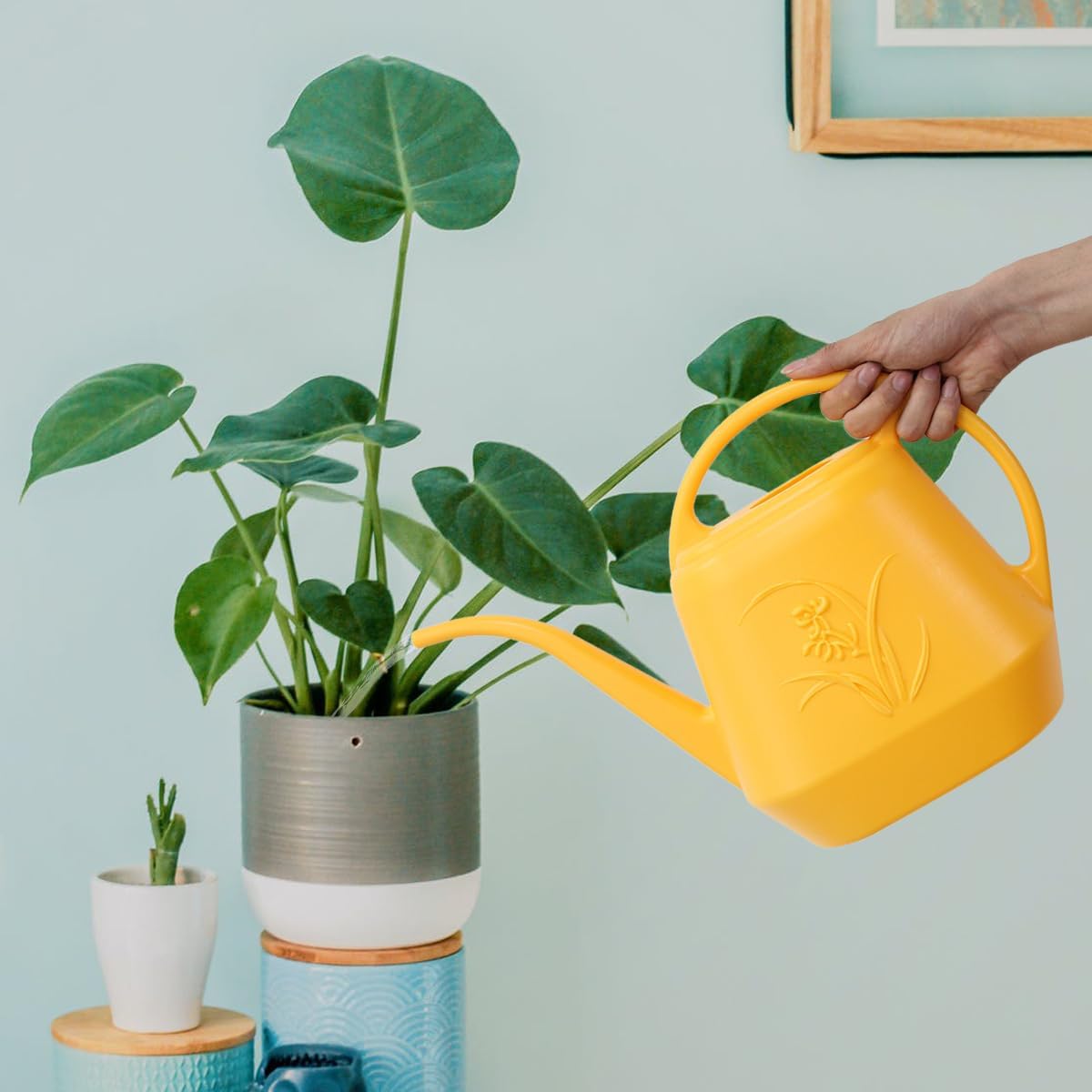 VKPLITE hands using yellow watering can for indoor potted plants