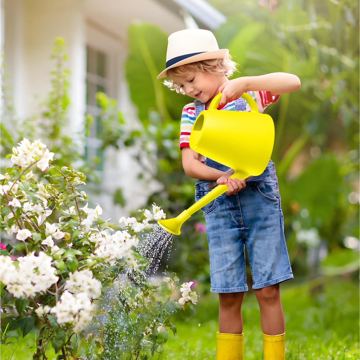VKPLITE yellow watering can for easy visibility in gardens and shelves.