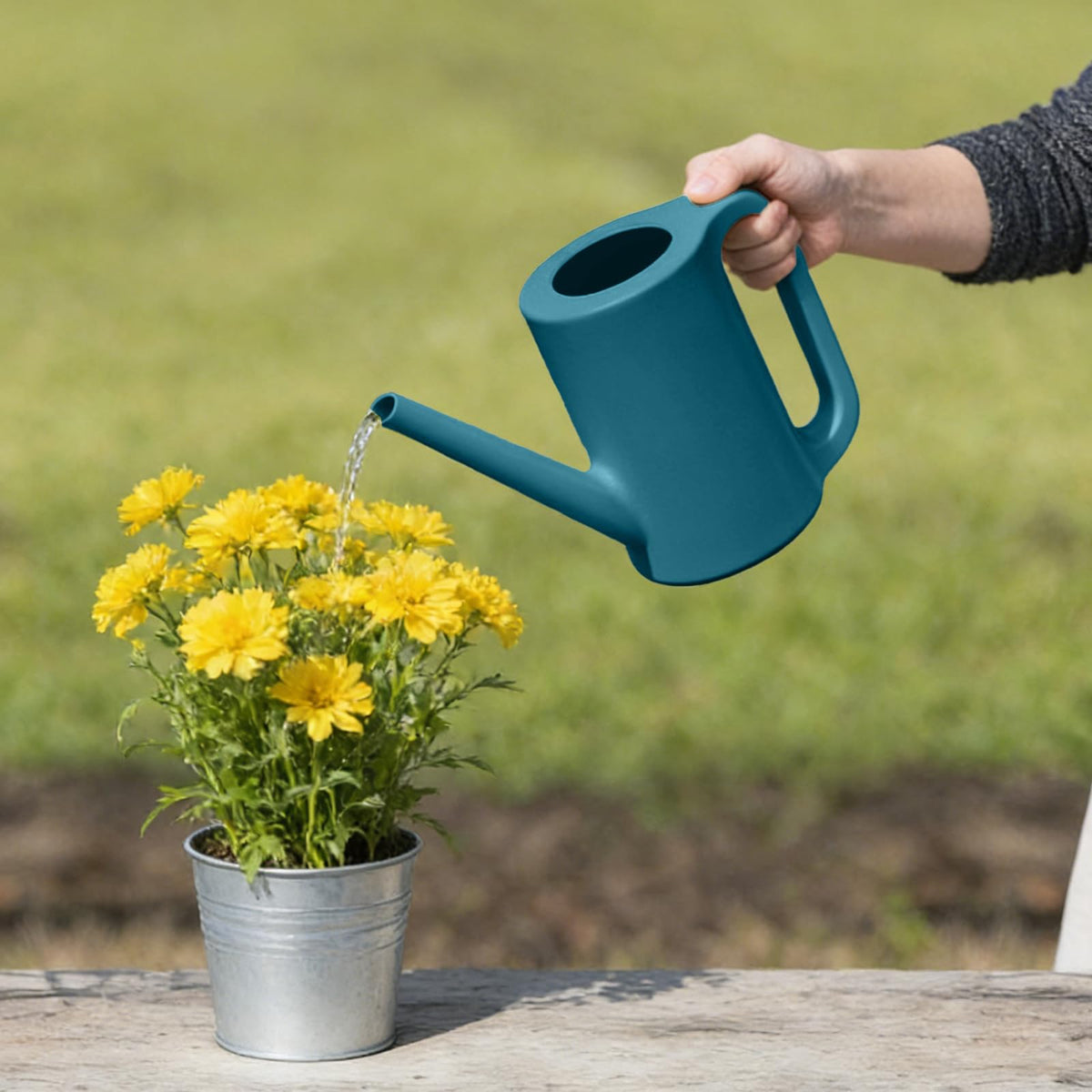 VKPLITE blue watering can used indoors and outdoors in various settings