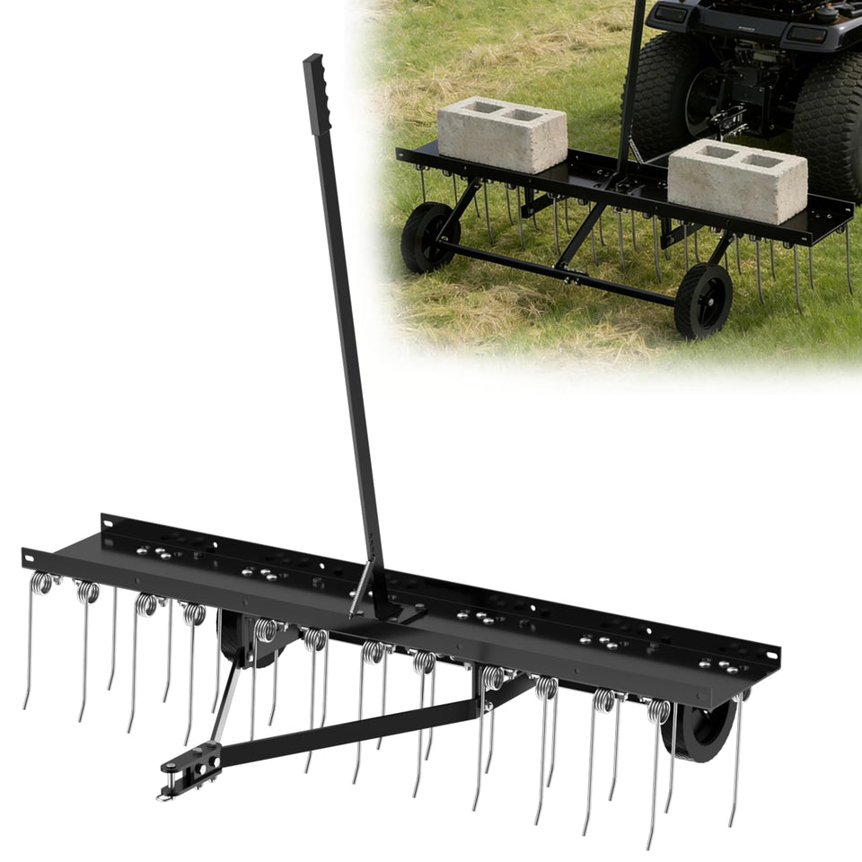 Vlaeng 48-inch tow behind dethatcher front view showing wide working width for large lawns