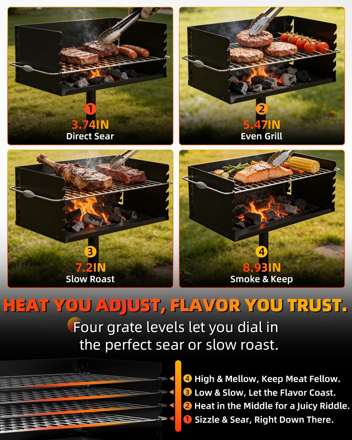 Vlaeng Charcoal Grill stainless steel construction lasts through heat and weather.