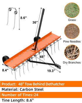 Vlaeng dethatcher with 24 tines lifts thatch for healthier turf.