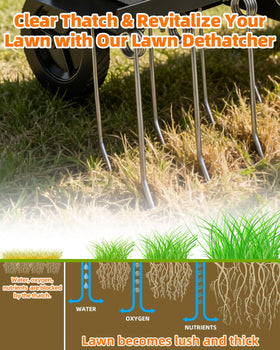 Vlaeng dethatcher in use on a large lawn for efficient debris removal.