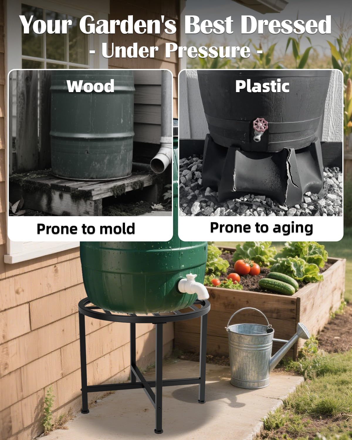 Vlaeng rain barrel stand rustproof legs resist weather and corrosion for year-round use.