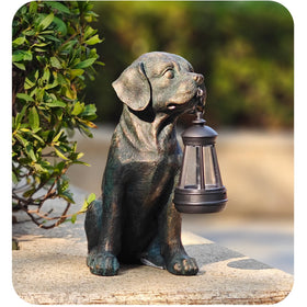 Vlyrofea solar resin dog statue with lantern lights outdoor paths.