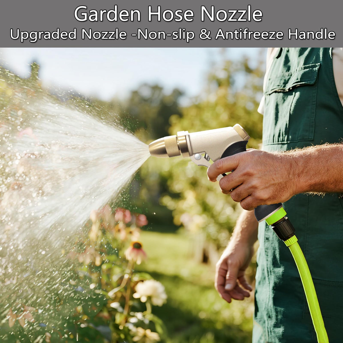 Close-up of VNEIRSHAH metal hose nozzle grip highlighting anti-slip handle
