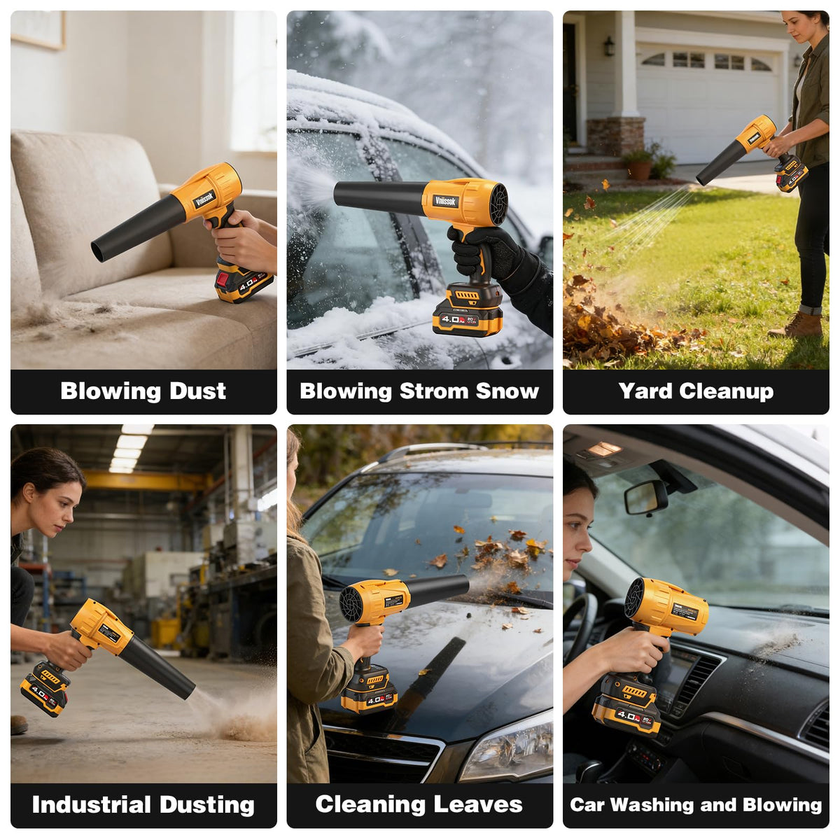 Vniissok cordless blower for car drying and efficient garden cleanup.