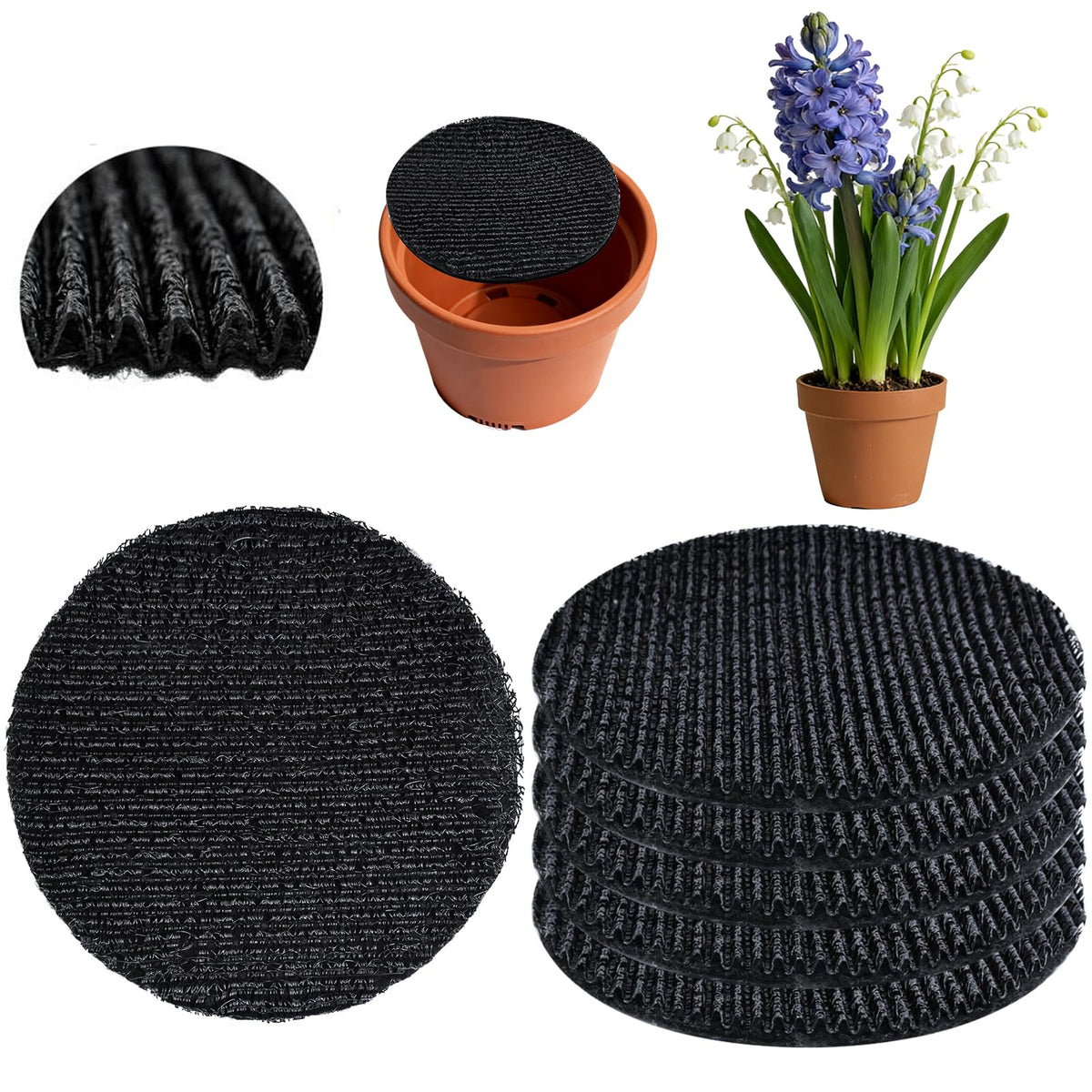 Voccos 6-pack round drainage discs fit pots to prevent soil loss indoors