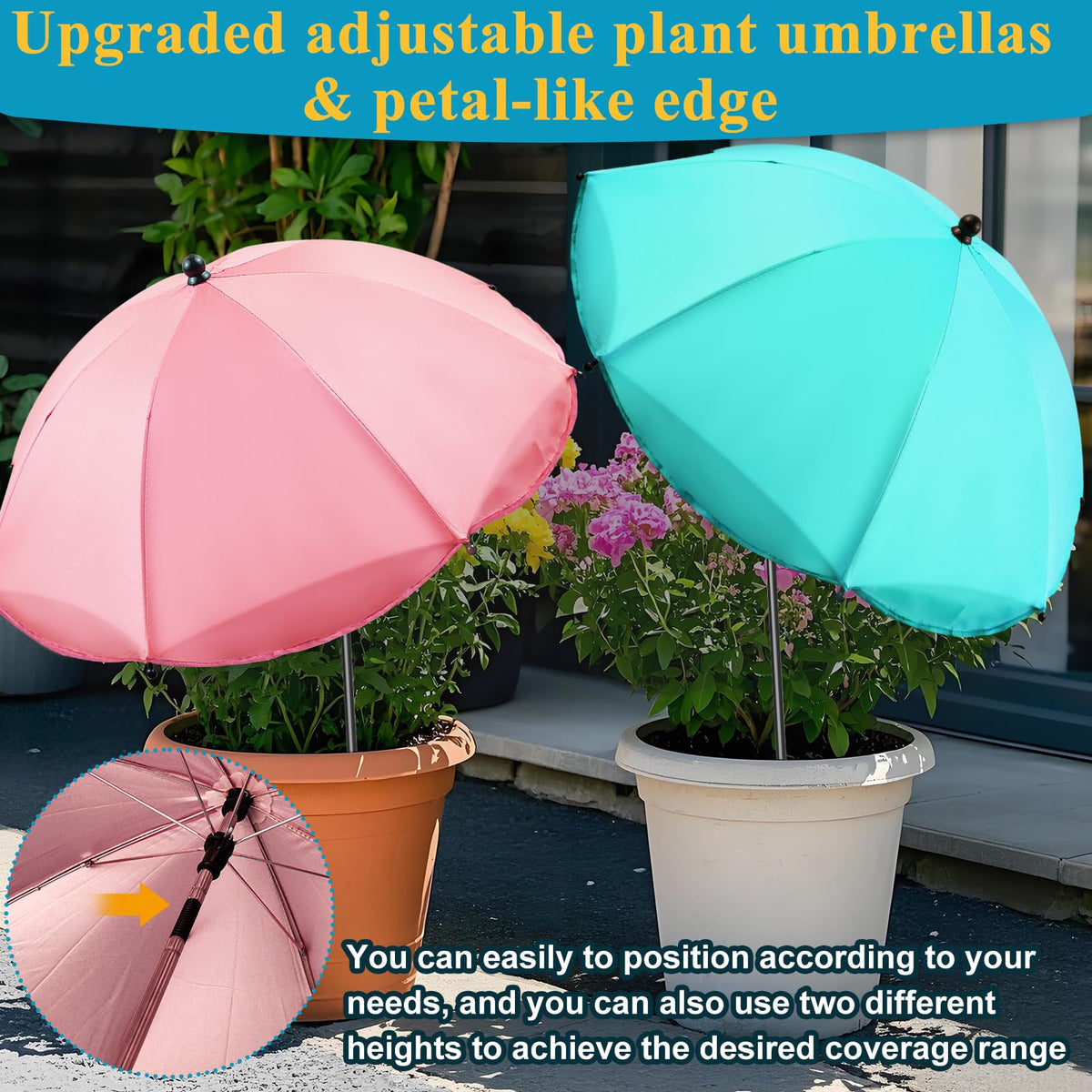 Voccos adjustable-angles plant umbrella demonstrates versatile shading for varying plant heights.