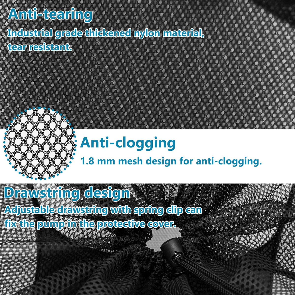 Voccos drawstring-closure pond basket secures the pump quickly during maintenance
