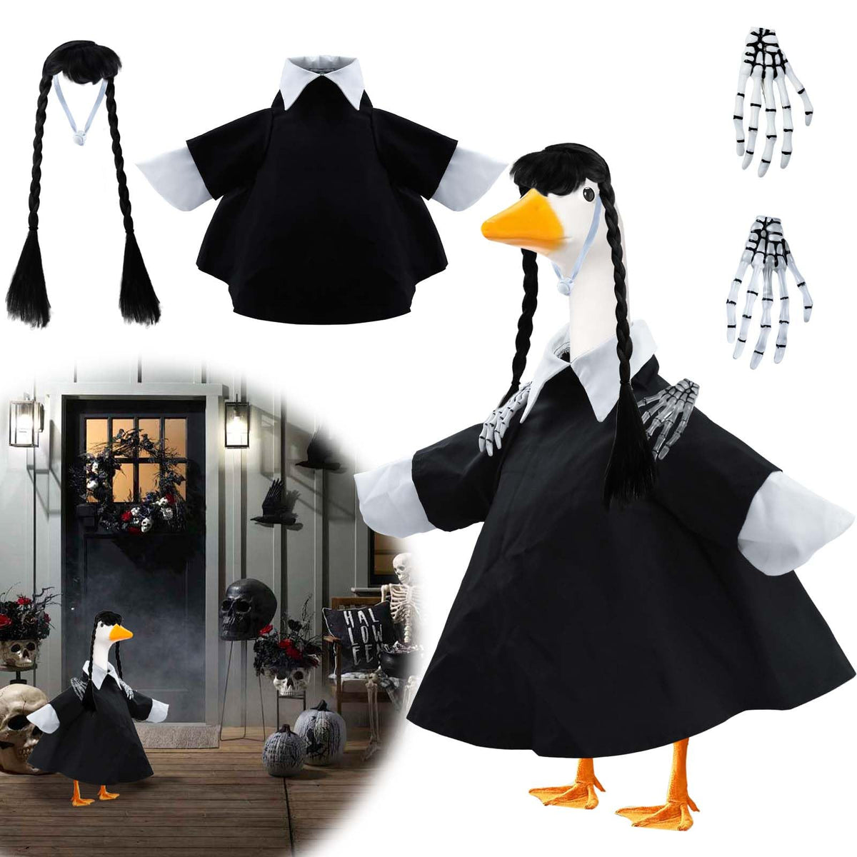 Voccos Halloween goose dress on porch adds eerie charm to outdoor decor