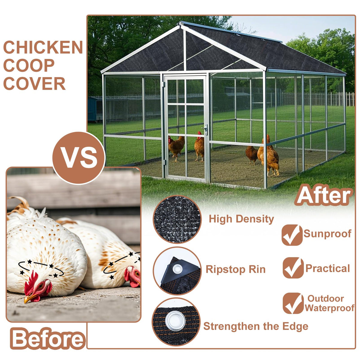 Voccos outdoor shade enhances garden and coop areas with reliable sun protection.