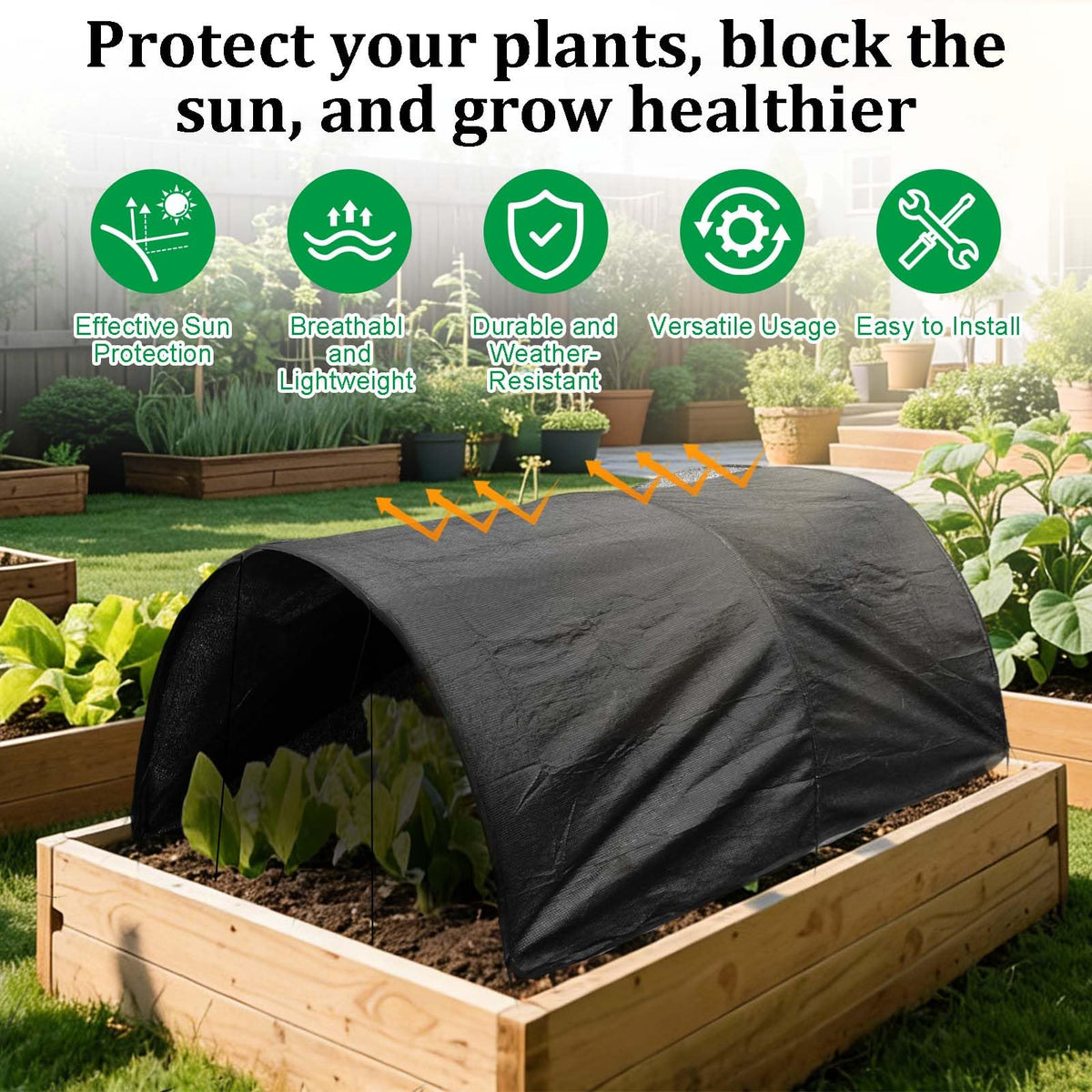 Voccos sun shade tunnel over a raised bed ready for use