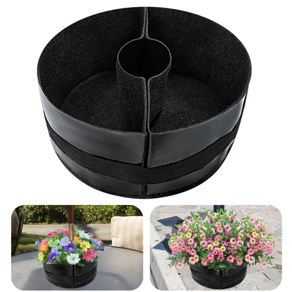Voccos umbrella planter on a patio table under a parasol, space-saving design.