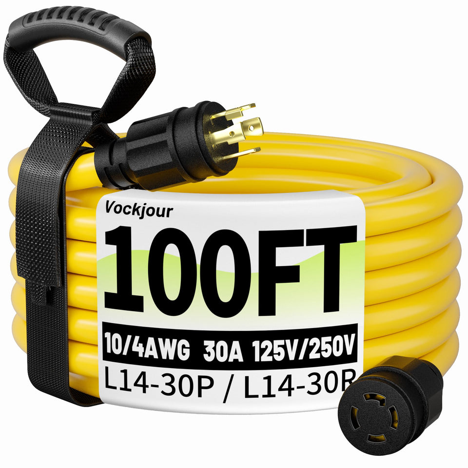 Vockjour 100ft generator cord with twist-lock for reliable outdoor power connections.