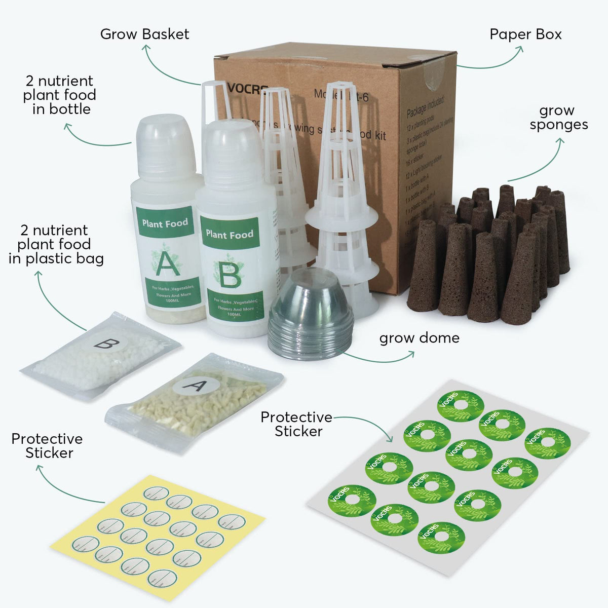 VOCRS planting pods, 12 units, compatible with most hydroponic systems.