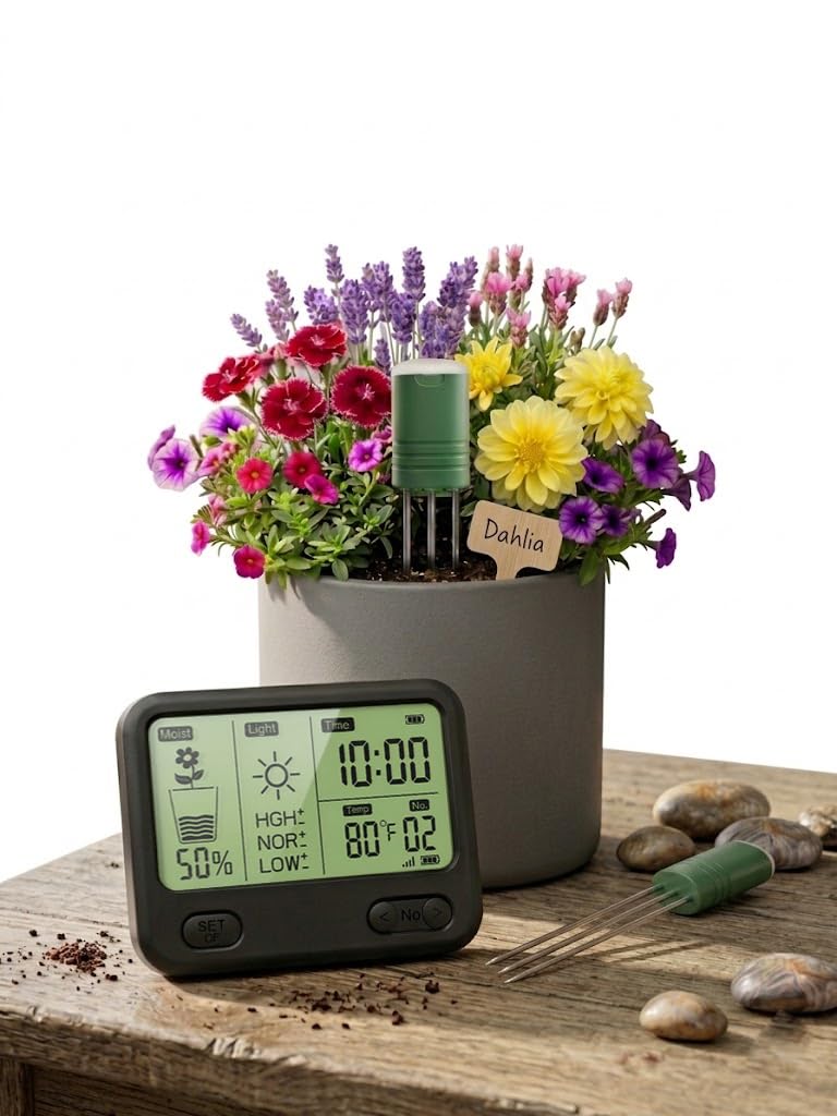 Vodeson display with four probes shows real-time zone moisture data for precise irrigation.