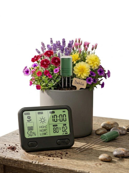Vodeson display with four probes shows real-time zone moisture data for precise irrigation.