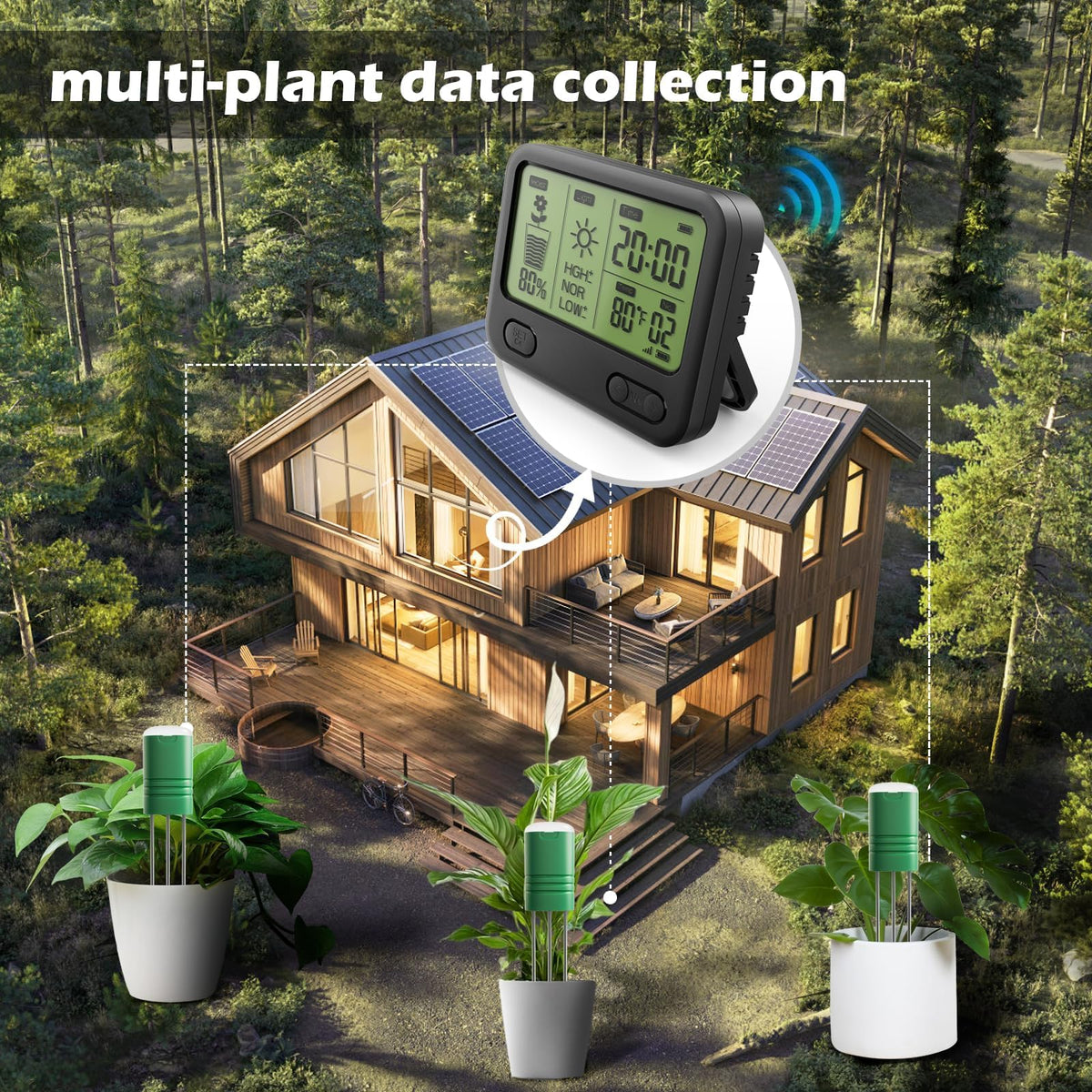 IPX5 waterproof Vodeson probes standing up to rain and dew in outdoor beds.