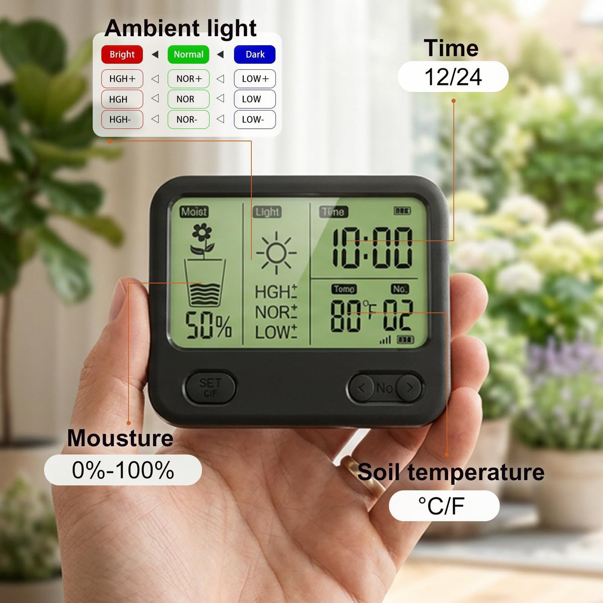 Close-up of Vodeson TDR moisture sensors measuring soil moisture for healthier roots.