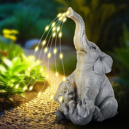 VOFSTAND solar elephant family statue front view, durable outdoor decor.