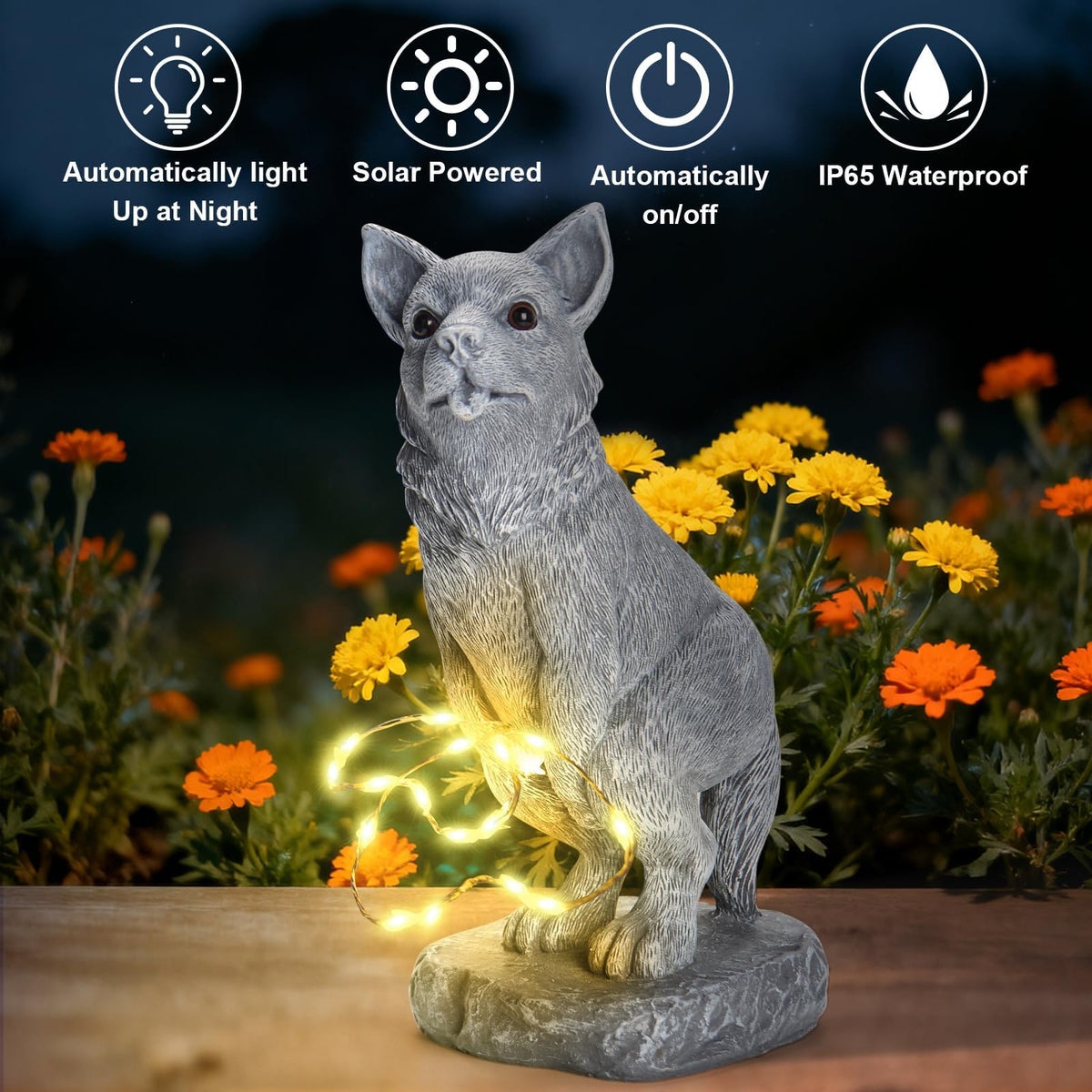 VOFSTAND waterproof resin dog statue stands up to weather.