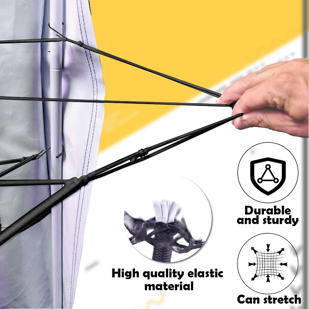 Voittoze trellis net easy install demonstrates S-hook setup along tent pole.