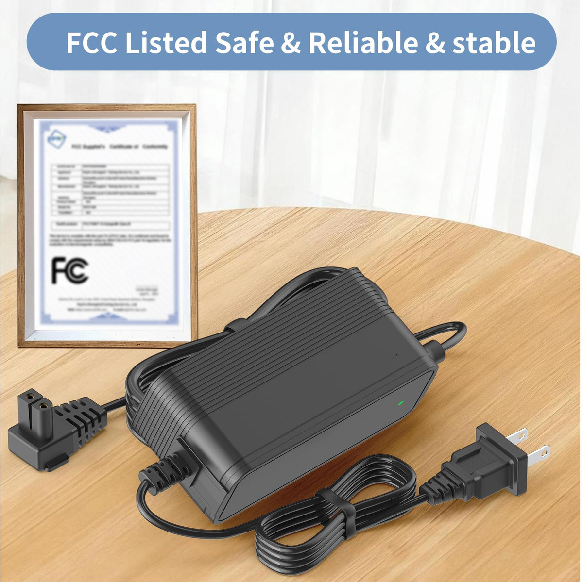 VOJSALDR power adapter features 100-240V input for global use.