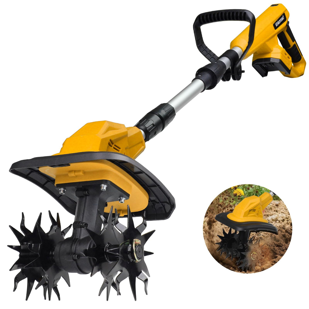Vokoroad cordless tiller shows 8-inch width for bed prep