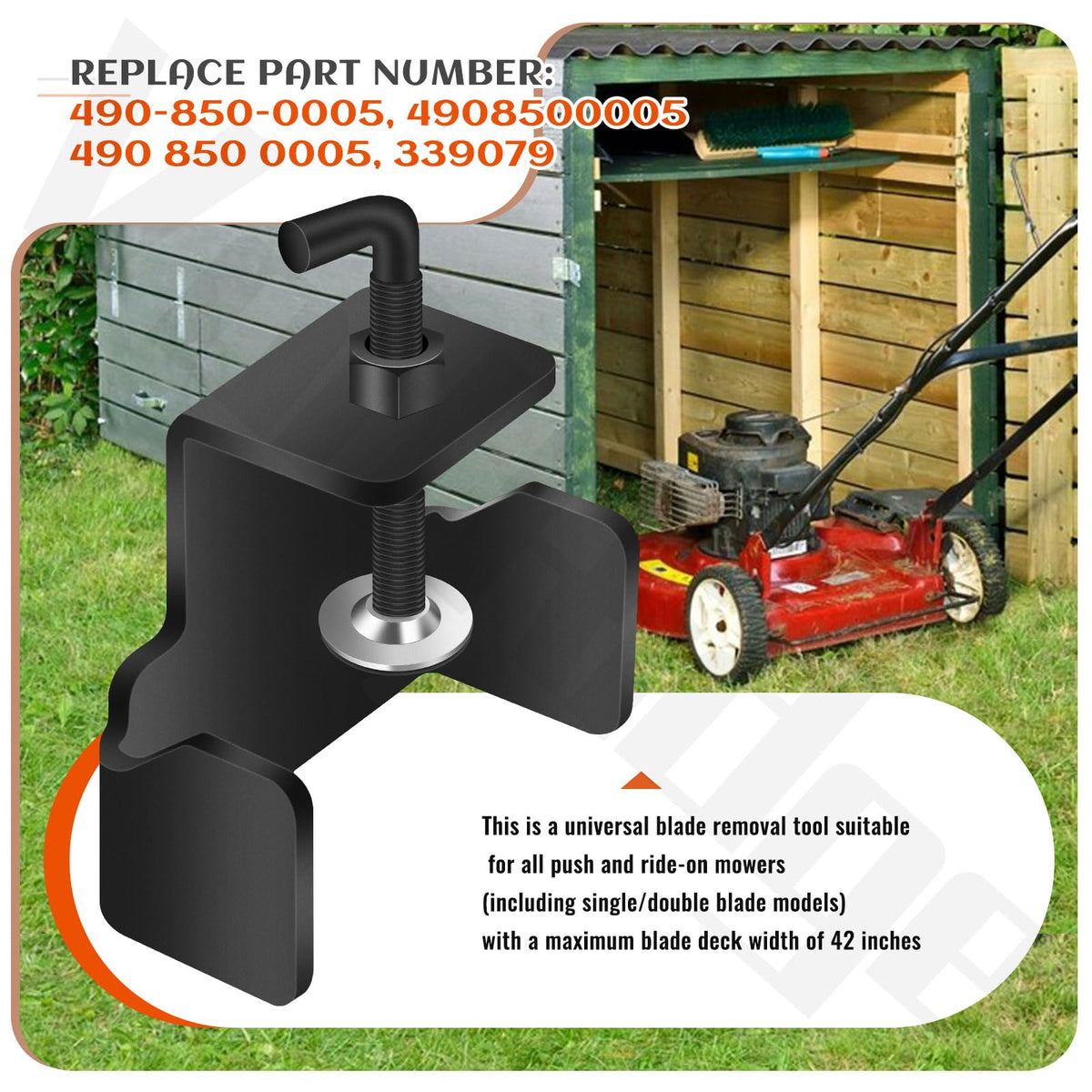 Voltridge blade removal tool installed on mower deck during maintenance