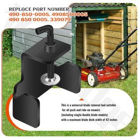 Voltridge blade removal tool installed on mower deck during maintenance