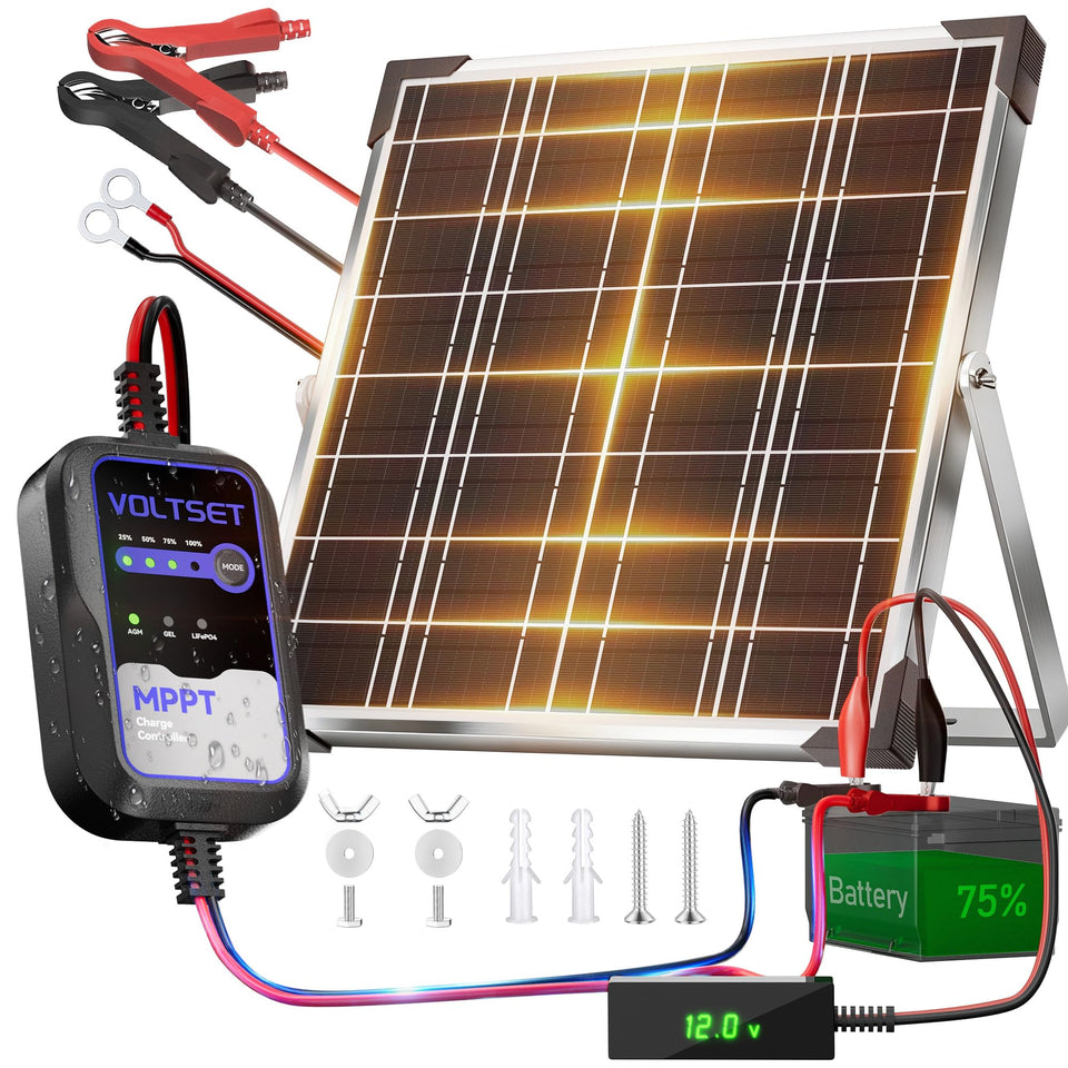 Voltset 12V solar charger with LCD display for real-time voltage checks.
