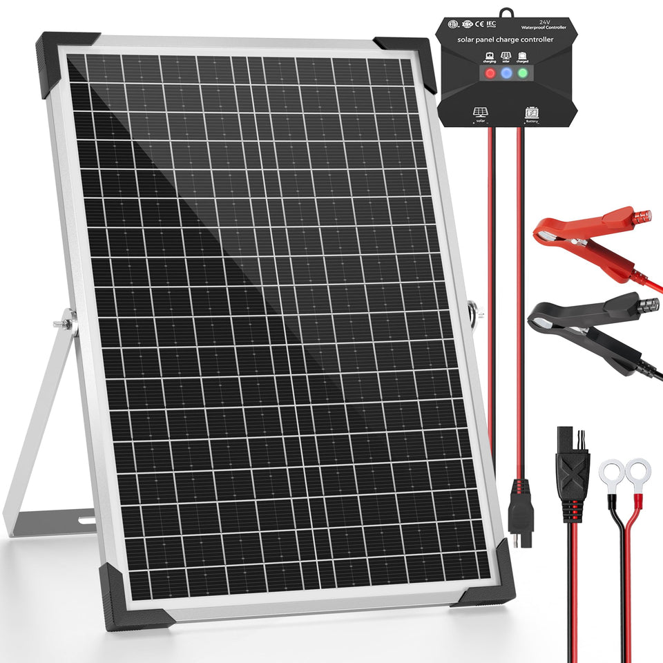 Voltset 30W 24V panel front view for RV battery maintenance.