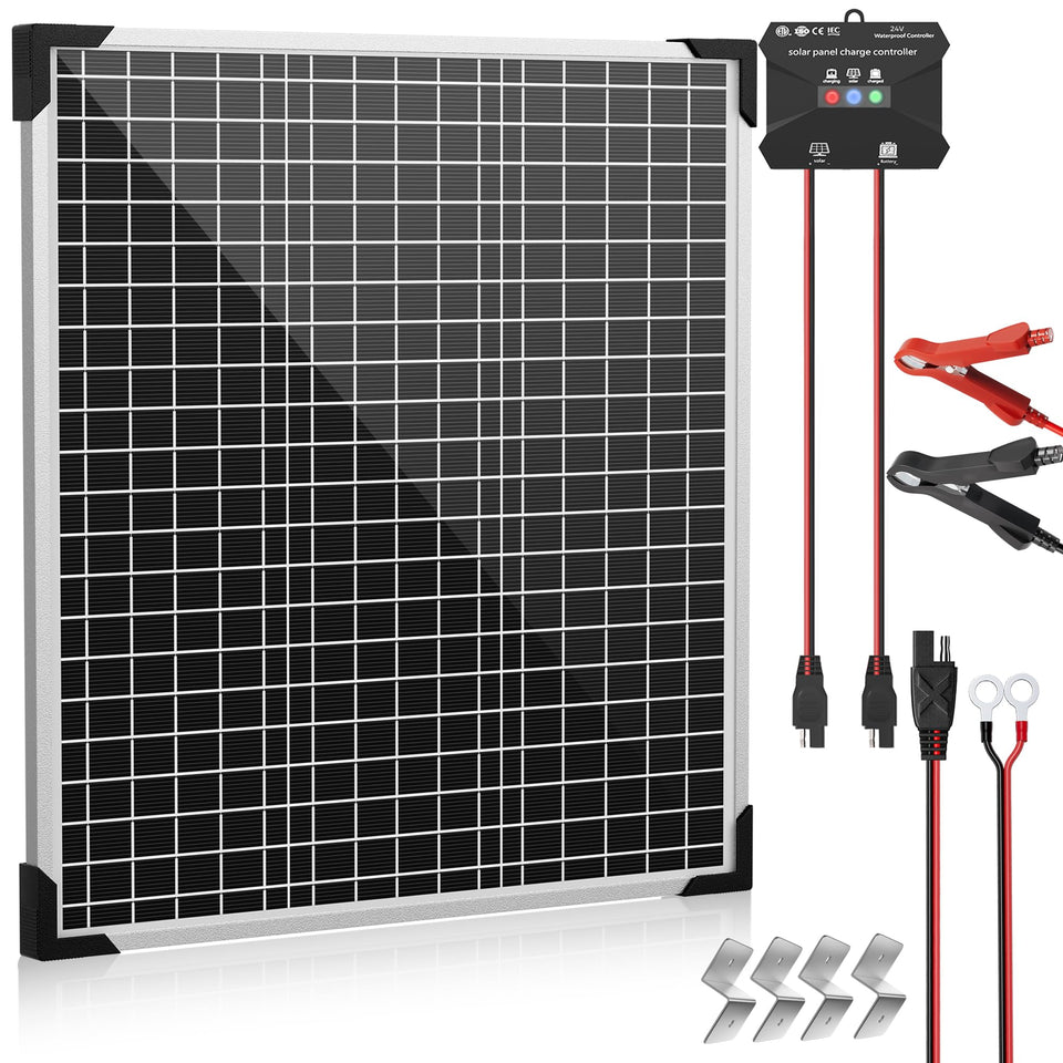 Voltset 50W 24V panel in sun powering a 24V battery system