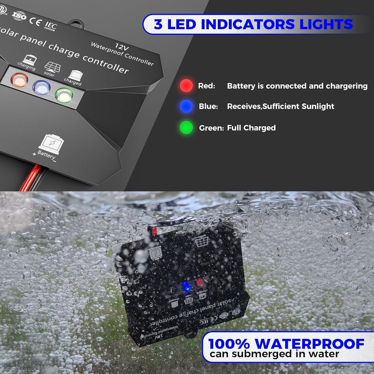 Voltset Solar Charge Controller display indicates charging status for easy monitoring.