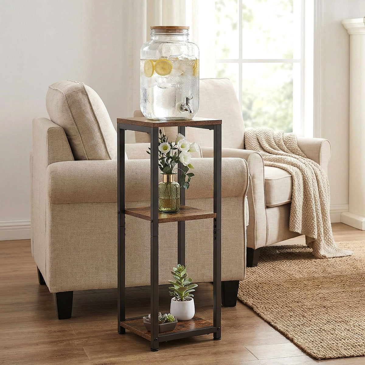 VonDream corner plant stand in living room creates tidy display