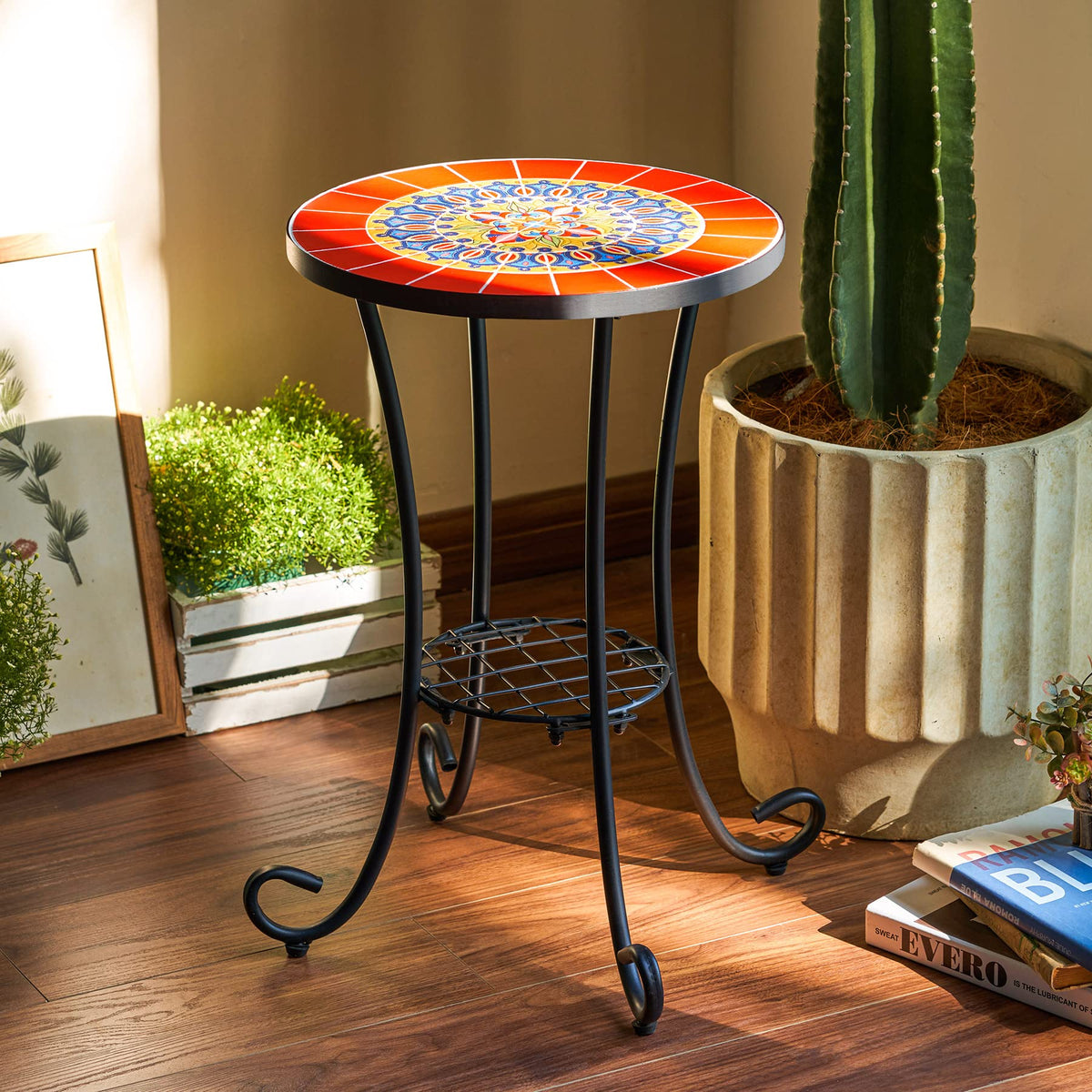 VONLUCE indoor coffee table with tile top adds color and texture.