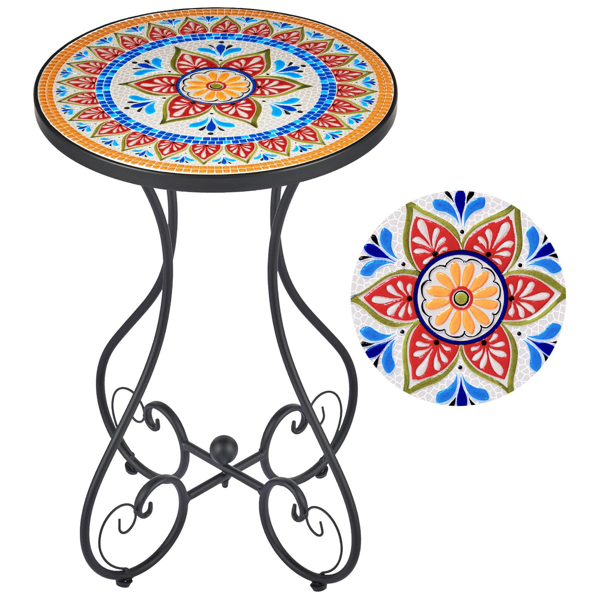 VONLUCE outdoor side table with a round mosaic tile top for patio decor