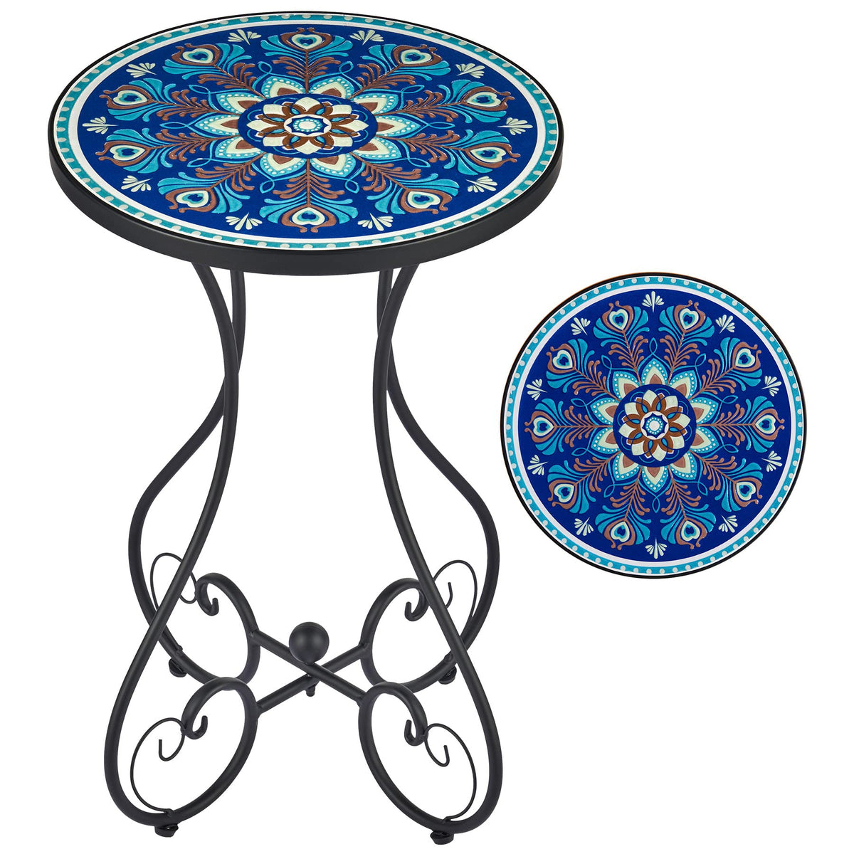 VONLUCE outdoor side table with peacock tile top adds vibrant accent to any patio