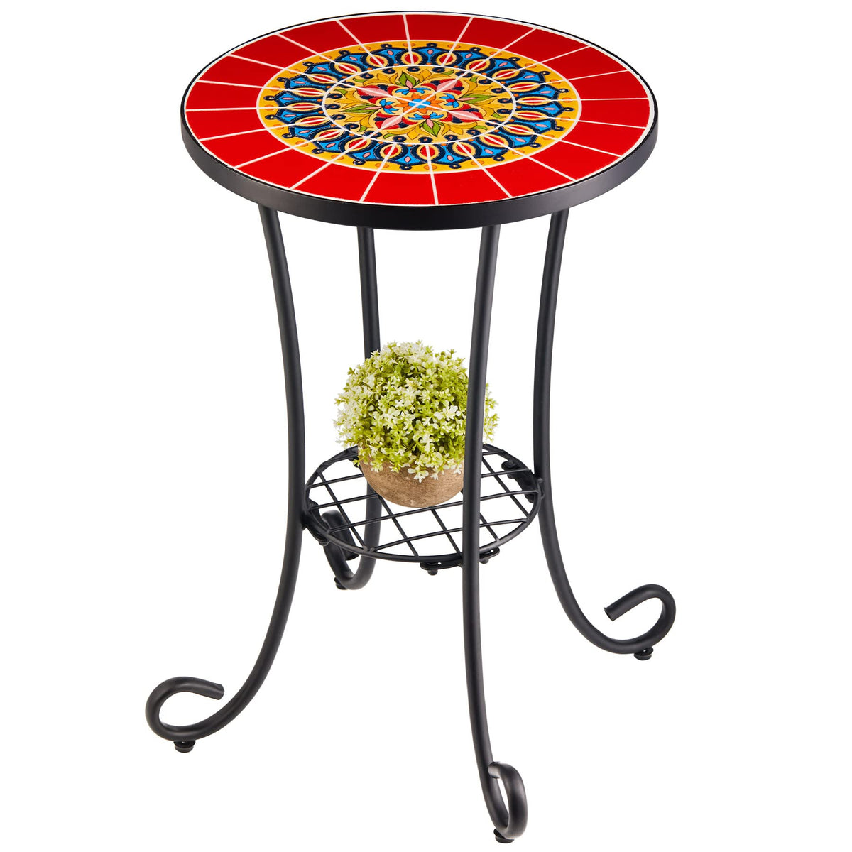 VONLUCE patio side table with red ceramic tile top, ideal for drinks and plants.