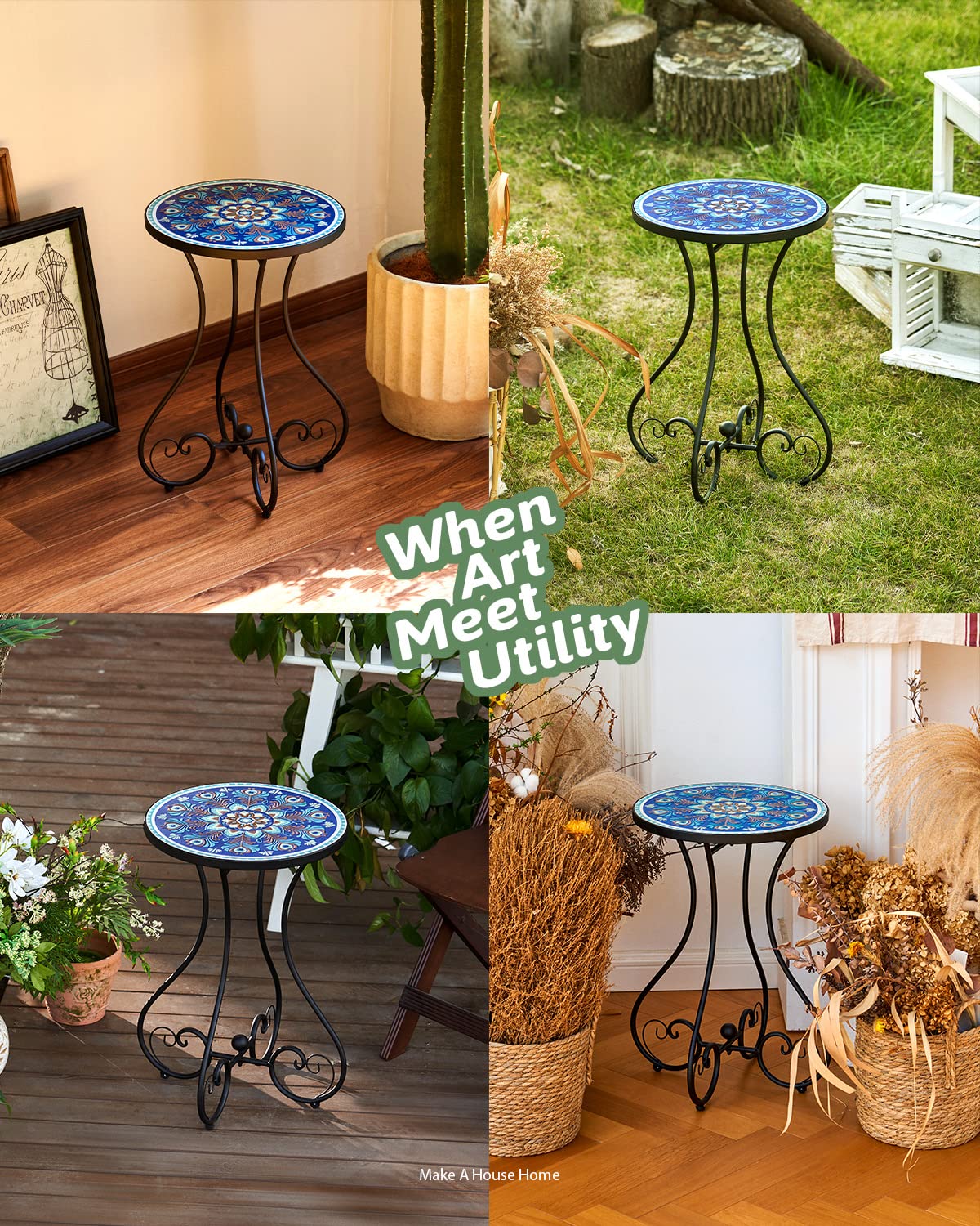VONLUCE round mosaic-top table with curved legs enhances garden charm