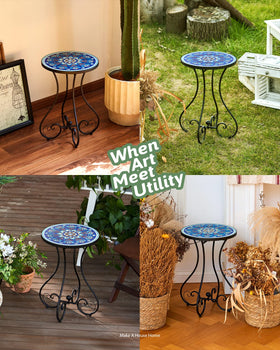 VONLUCE round mosaic-top table with curved legs enhances garden charm