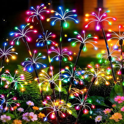 VOOKRY solar garden lights 4-pack brighten your yard with vivid firework bursts.