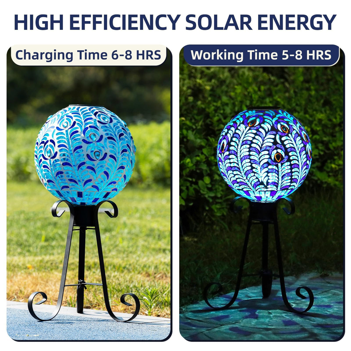 Blue peacock-design orb reflects light and color in sunlight.