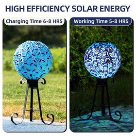 Blue peacock-design orb reflects light and color in sunlight.