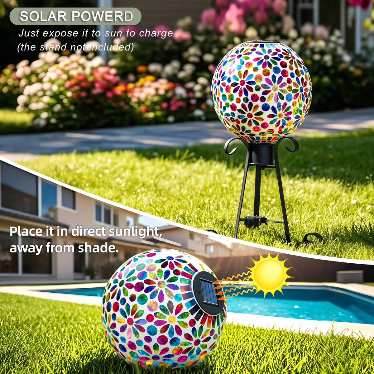 VOREEN mosaic glass gazing ball showcases a daisy design with daytime sparkle