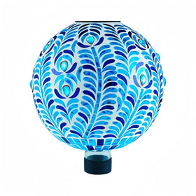 VOREEN solar gazing ball with blue peacock-feather mosaic, ideal for daytime display.