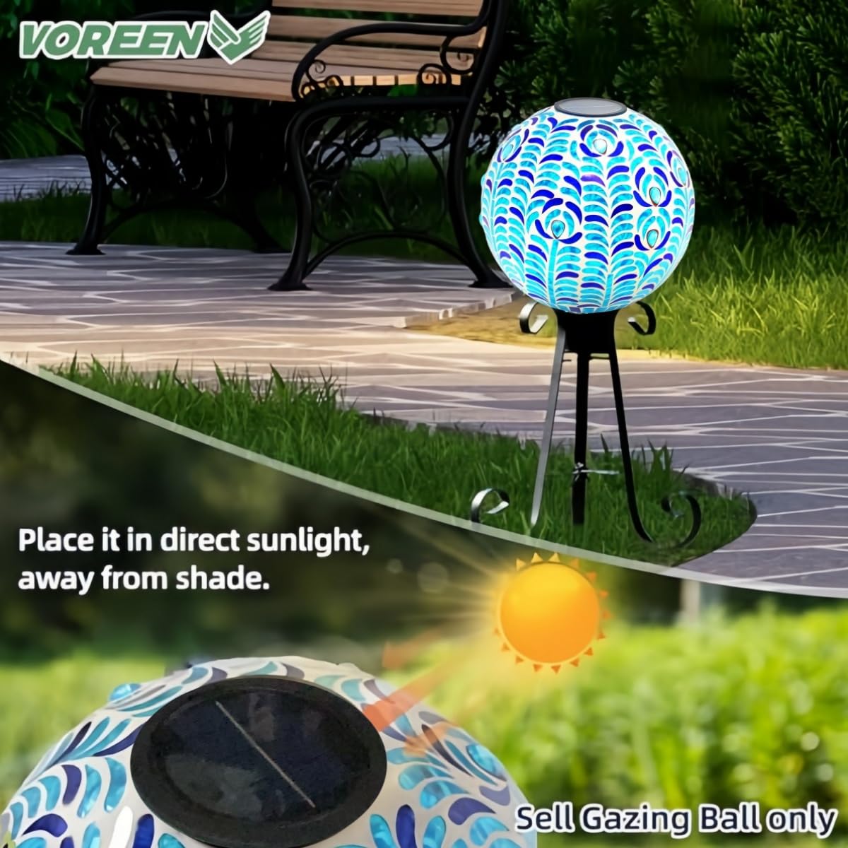 VOREEN mosaic glass globe glows at night, creating a serene garden ambiance.