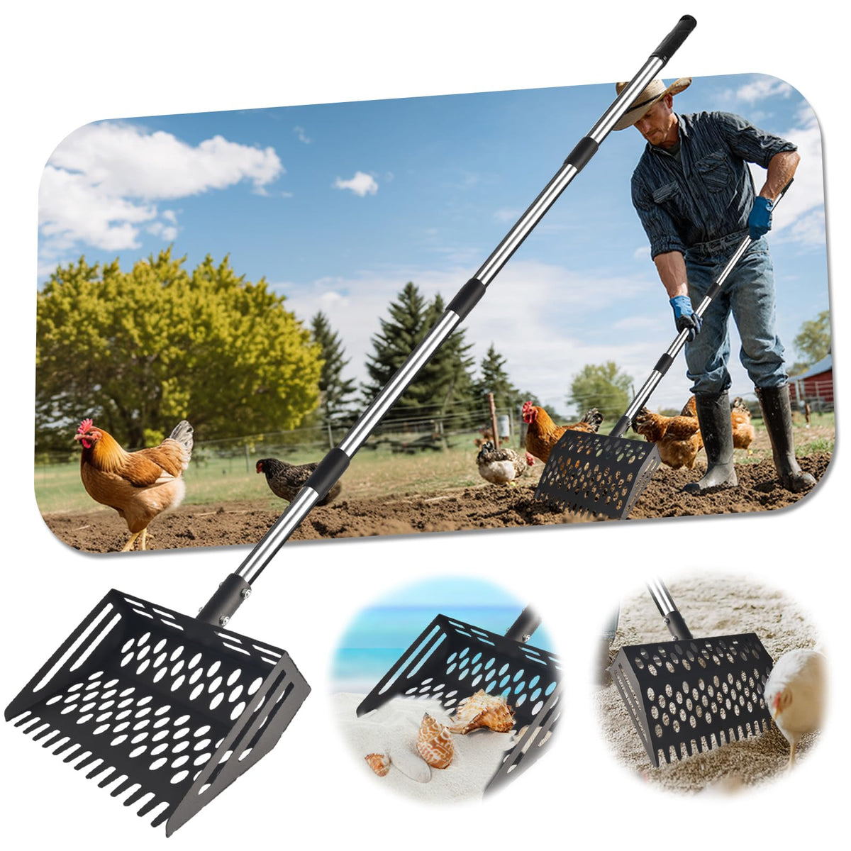 Vorhomness chicken poop scooper-rake 2-in-1 design for efficient coop cleaning and debris removal.