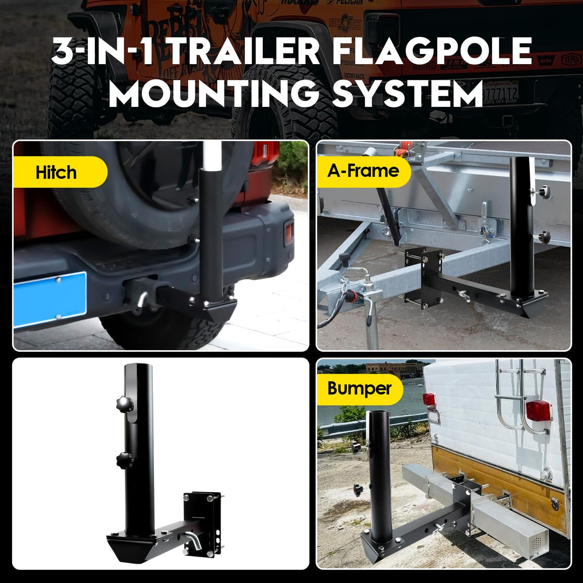 Vornalex RV flag pole mount at rear bumper offers versatile mounting options